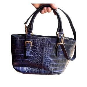 Prüne‎ Navy Blue Croc Embossed Leather Satchel Handbag Gold Hardware 9073